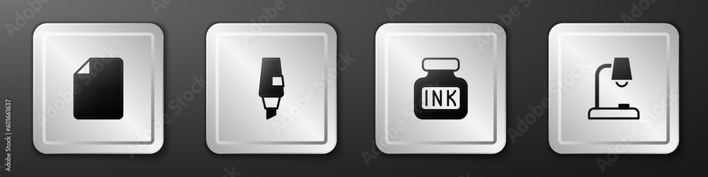 Poster set file document, marker pen, inkwell and table lamp icon. silver square button. vector
