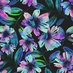 Watercolor flowers. Seamless floral pattern with bright colorful flowers and leaves. Elegant template for fashion prints. Watercolor drawing. Ornament for clothes, accessories, textiles and interior