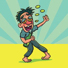 Obraz premium Cartoon happy drunk man with liquor bottle walking. Illustration cartoon for background or postcard, poster, t shirt, ceramic mug, vector stock. 