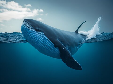 image of a whale in the open ocean against a blue sky