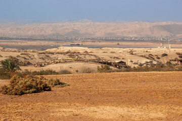 Jordan. Wadi al-Harar - place of baptism of Jesus Christ Wadi al-Harar is greatest Christian shrine. Ruins of three Byzantine churches and marble slab - base for column with cross.