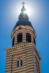 Fototapeta premium Tower of Orthodox Cathedral of Holy Trinity in Old Town of Sibiu, Romania