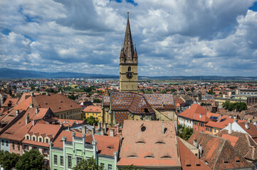 View from Council Tower with Hermes House and St Mary Cathedral, Old Town of Sibiu city, Romania