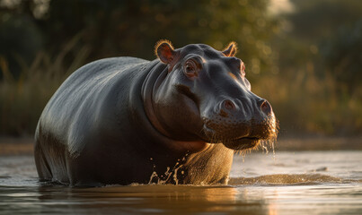 Fototapeta premium sunset photo of hippopotamus standing in water in its natural habitat. Generative AI