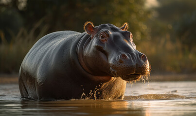 sunset photo of hippopotamus standing in water in its natural habitat. Generative AI