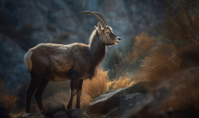 photo of ibex standing on rocky mountains. Generative AI