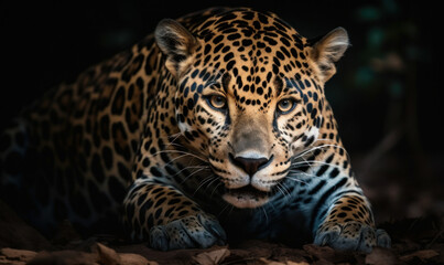 Fototapeta na wymiar Photo of jaguar crouched & ready to pounce with intense focus. lighting highlighting jaguar's muscular form and sleek coat showcasing the raw power & beauty of this majestic predator. Generative AI