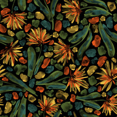 Seamless floral pattern with bright colorful flowers and leaves. Watercolor flowers. Elegant template for fashion prints. Watercolor drawing. Ornament for clothes, accessories, textiles and interior