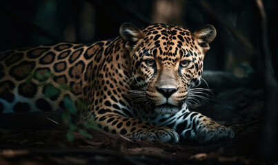 Naklejka premium Photo of jaguar crouched & ready to pounce with intense focus. lighting highlighting jaguar's muscular form and sleek coat showcasing the raw power & beauty of this majestic predator. Generative AI
