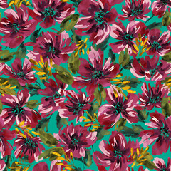 Seamless floral pattern with bright colorful flowers and leaves. Elegant template for fashion prints. Modern floral background. Fashionable folk style. Ethnic style. Boho.