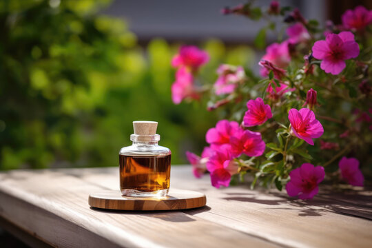 Fragrant Rose Geranium Essential Oil in small transparent glass Bottle on a wooden table beside fresh Pink Geranium Flowers in full bloom with garden background. Copy space. Generative AI.