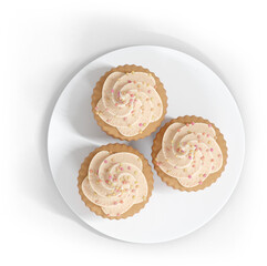 3D Render Three Cupcakes On Plate