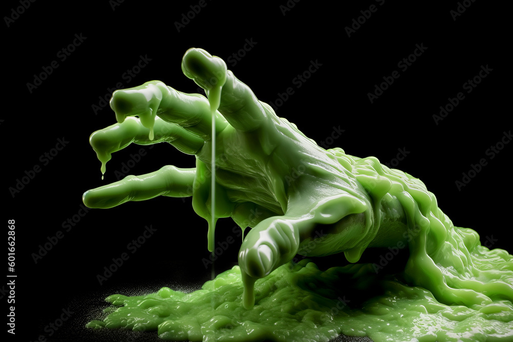 Wall mural green slime halloween hand against a black background. generative ai