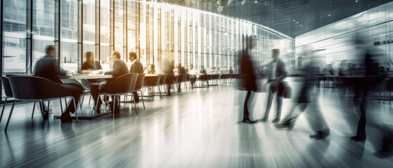 Blurred business man walk fast movement in modern office with business people meeting on table background, Generative AI