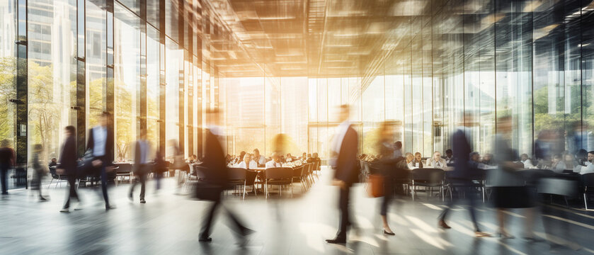 Blurred business man walk fast movement in modern office with business people meeting on table background, Generative AI