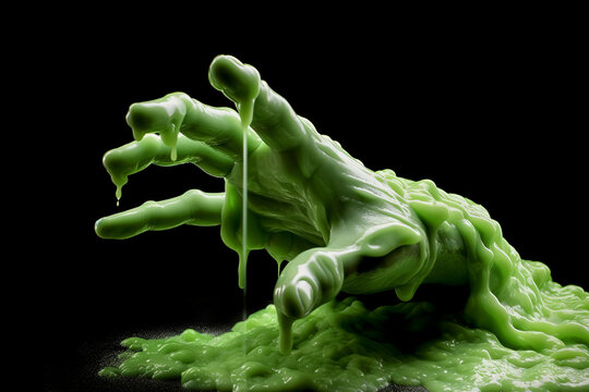 Green slime halloween hand against a black background. Generative ai