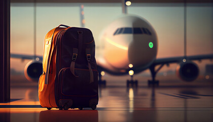suitcase at airport. close up travel concept, summer vacation concept, traveler suitcases in airport terminal. Travelling luggage in the airport and near a passenger plane Ai generated image - obrazy, fototapety, plakaty