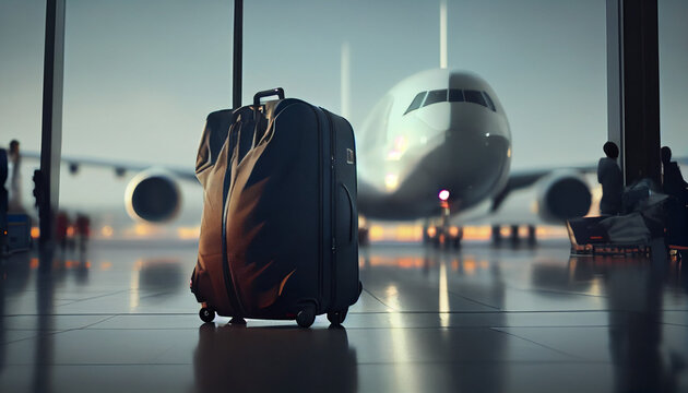 suitcase at airport. close up travel concept, summer vacation concept, traveler suitcases in airport terminal. Travelling luggage in the airport and near a passenger plane Ai generated image