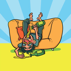 Drunk man lying on sofa and holding liquor bottle. Illustration cartoon for background or postcard, poster, t shirt, ceramic mug, vector stock.  
