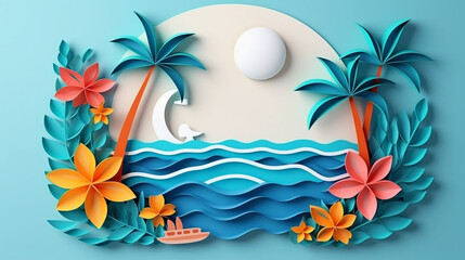 Fototapeta na wymiar Summer banner design with paper cut tropical beach bright Color background. Paper art concept