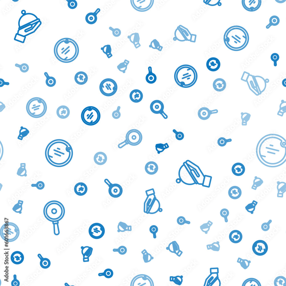 Poster set line frying pan, covered with tray and cutting board on seamless pattern. vector