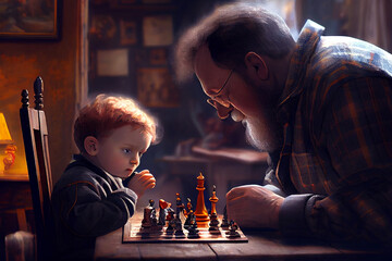 A boy playing with chess alongside his father, generative ai illustration evoking a sense of family bonding and intergenerational connection