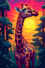 Giraffe in a wood in the african steppes, at sunset, woodcarving style in neon colors © Harald