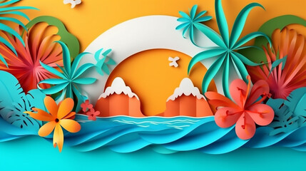 Fototapeta na wymiar Summer sale design with paper cut tropical beach bright Color background layout banners template. Paper art concept
