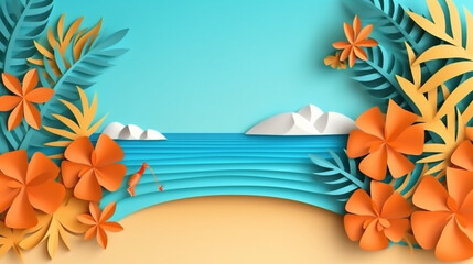 Summer sale design with paper cut tropical beach bright Color background layout banners template. Paper art concept