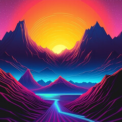 Illustrated cyberpunk summer sunset, purple bright vivid colors of night landscapes. Illustration, Generative AI.