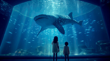 Boy and girl near the aquarium with a huge whale shark
