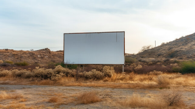 Empty blank billboard on a lonely, abandoned road, isolated in the wilderness. Generative AI