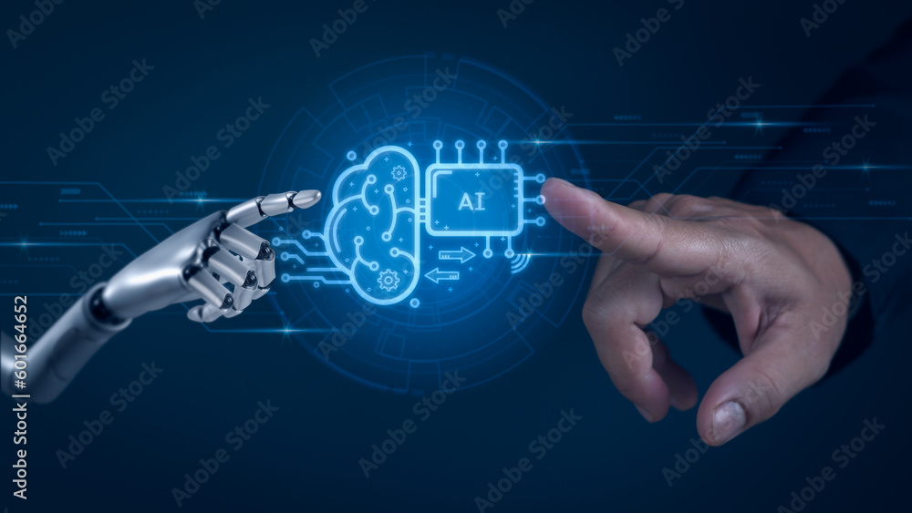 Poster concept of intelligent technology (ai) or digital transformation management ,human hand and robot to