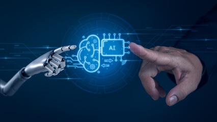 concept of intelligent technology (Ai) or digital transformation management ,Human hand and robot touching smart brain icon. to manage big data and technological innovations of the future