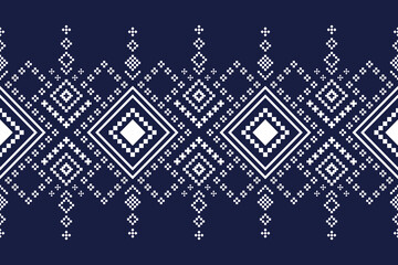 Indigo navy blue geometric traditional ethnic pattern Ikat seamless pattern border abstract design for fabric print cloth dress carpet curtains and sarong Aztec African Indian Indonesian 