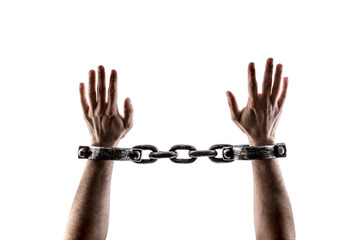 Shackled hands isolated on white background with clipping path - obrazy, fototapety, plakaty