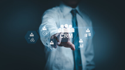 concept of customer relationship management(CRM) business network structure Customer service, businessman touching person icon Show customer database marketing strategy of corporate business