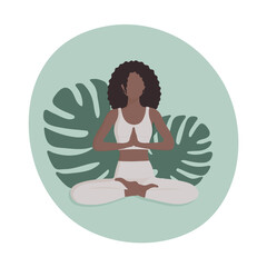Beautiful afro woman doing yoga and meditating. Girl relaxing and stretching on a nature background. Flat vector illustration on the pink-white background.