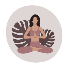 Beautiful woman doing yoga and meditating in pose lotus. Trendy slim girl relaxing and stretching on a nature background. Flat vector illustration on the pink-white background.