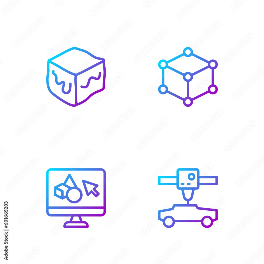 Poster set line 3d printer car, software, isometric cube and . gradient color icons. vector