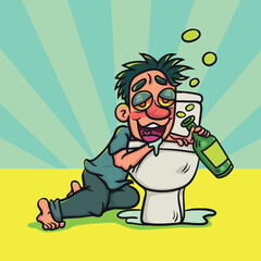 Happy drunk man sitting in toilet. Illustration cartoon for background or postcard, poster, t shirt, ceramic mug, vector stock.  
