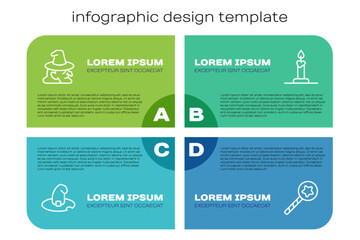 Set line Witch hat, , Magic wand and Burning candle in candlestick. Business infographic template. Vector