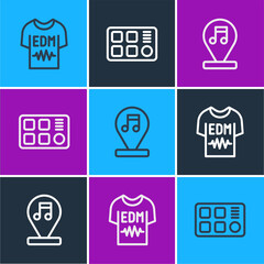 Set line T-shirt, Music note, tone and Drum machine icon. Vector