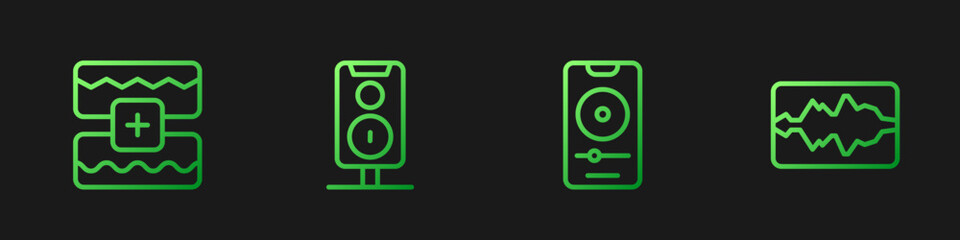 Set line Music player, wave equalizer, Stereo speaker and . Gradient color icons. Vector