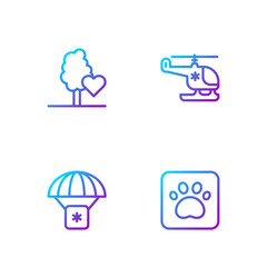 Set line Paw print, Humanitarian aid, Volunteer team planting trees and Rescue helicopter. Gradient color icons. Vector