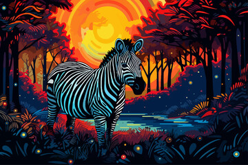 Fototapeta na wymiar Zebra standing at a waterhole in the lush savannah of africa, in the style of a wood carving in neon colors