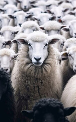 Large flock of sheep from which one in particular emerges - ai generative