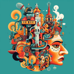 Surrealistic maximalism 2d flat colors without shadow illustration