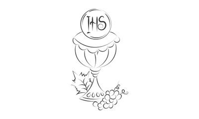 First Communion Embroidery Design. Eucharist In Chalice with Grapes and wheat for print or use as poster, card, flyer or T Shirt
