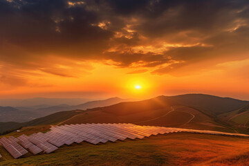 Fototapeta na wymiar Beautiful sunset over a solar farm It captures